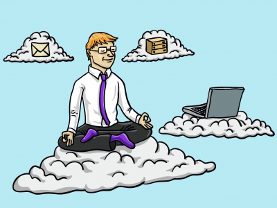 illustration of man in white shirt cross legged on a floating cloud in the sky with laptop floating on small cloud nearby